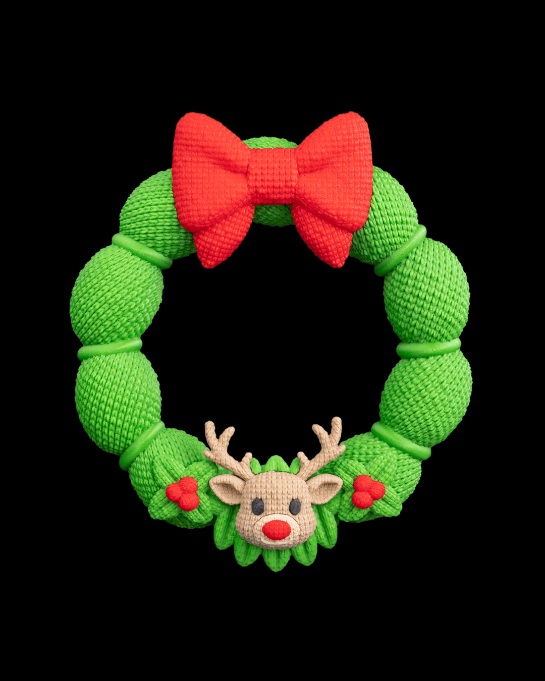 Weihnachtskranz aus grüner Strickoptik mit rotem Schleifen-Band und Rentier-Applikation, Frontalansicht vor schwarzem Hintergrund, leicht anderer Bildausschnitt