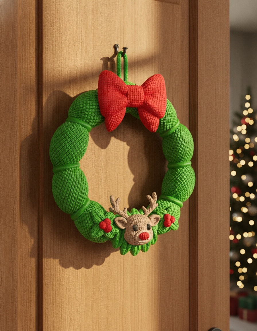 Weihnachtskranz aus grüner Strickoptik mit rotem Schleifen-Band und Rentier-Applikation, engerer Bildausschnitt an heller Holztür mit sichtbarem Aufhänge-Haken, weichem Kontaktschatten und Tannengrün mit Lichterkette im Hintergrund