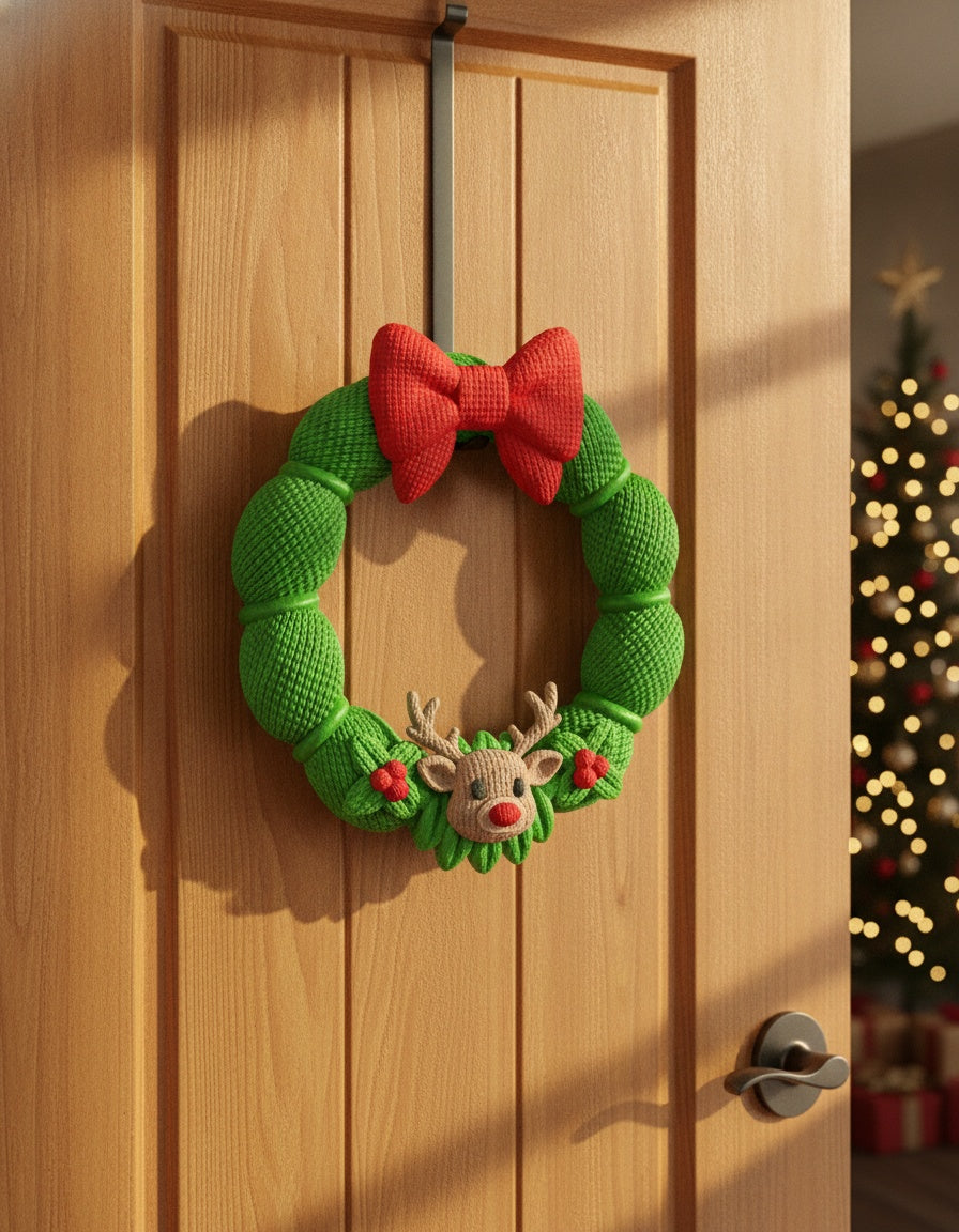 Weihnachtskranz aus grüner Strickoptik mit rotem Schleifen-Band und Rentier-Applikation, an heller Holztür mit sichtbarem Aufhänge-Haken, weichem Kontaktschatten auf der Tür, warmem Sonnenlicht von links und Tannengrün mit Lichterkette im Hintergrund