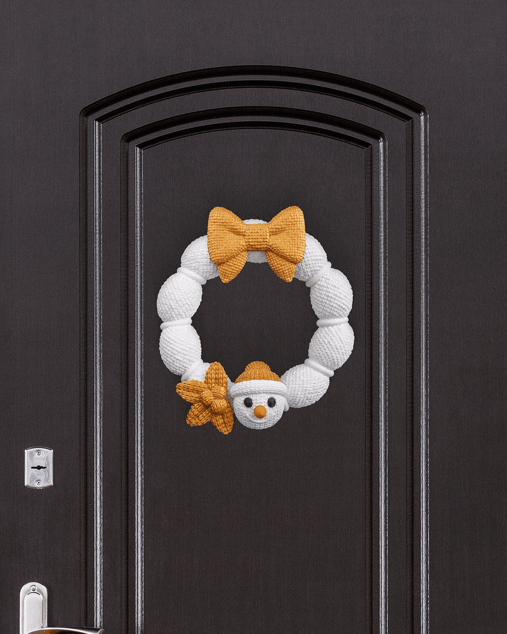 Weihnachtskranz aus weißer Strickoptik mit goldener Schleife und Schneemann-Applikation, an dunkler Zimmertür mit Türgriff und Schloss montiert