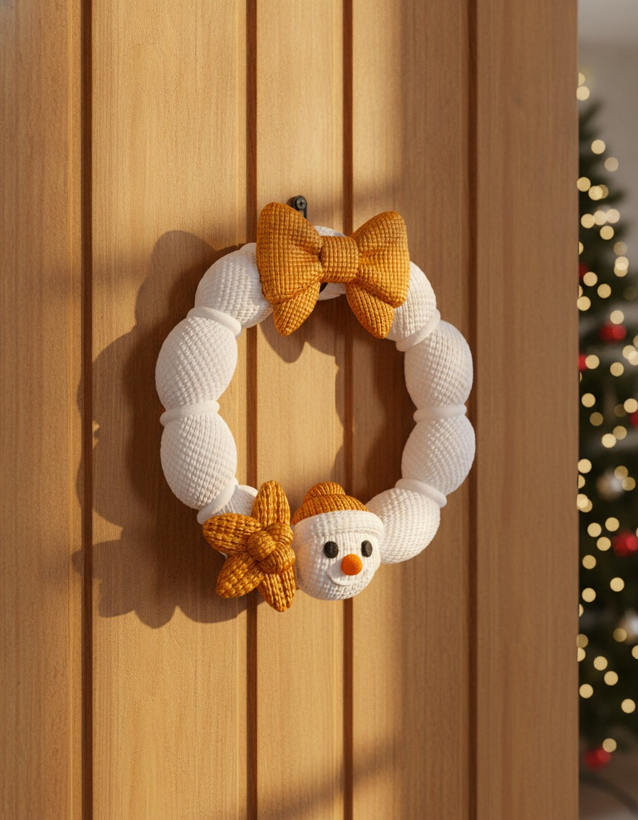 Weihnachtskranz aus weißer Strickoptik mit goldener Schleife und Schneemann-Applikation, an heller Holztür mit sichtbarem Aufhänge-Haken, weichem Kontaktschatten auf der Tür, warmem Sonnenlicht von links und Tannengrün mit Lichterkette im Hintergrund