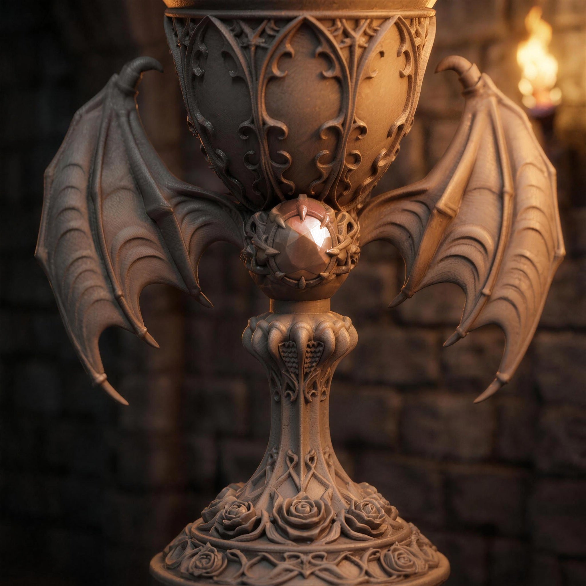 Nahaufnahme des runden Medaillon-Reliefs unter den Fledermausflügeln des Vampirkelchs