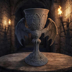 Vampirkelch mit ausgebreiteten Fledermausflügeln in Gothic-Steinoptik, Frontalansicht auf einem Holztisch in einem beleuchteten Gothic-Gewölbe mit Fackeln