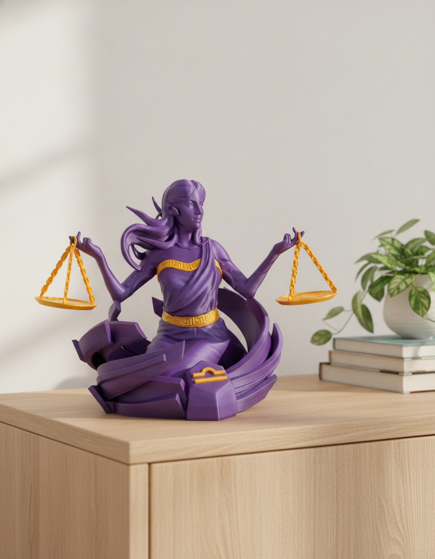 Lila Waage-Sternzeichen-Skulptur mit Waagschalen, frontale Ansicht auf hellem Holzsideboard vor weißer Wand, mit Bücherstapel und Grünpflanze im unscharfen Hintergrund – Münch3D 3D-Druck