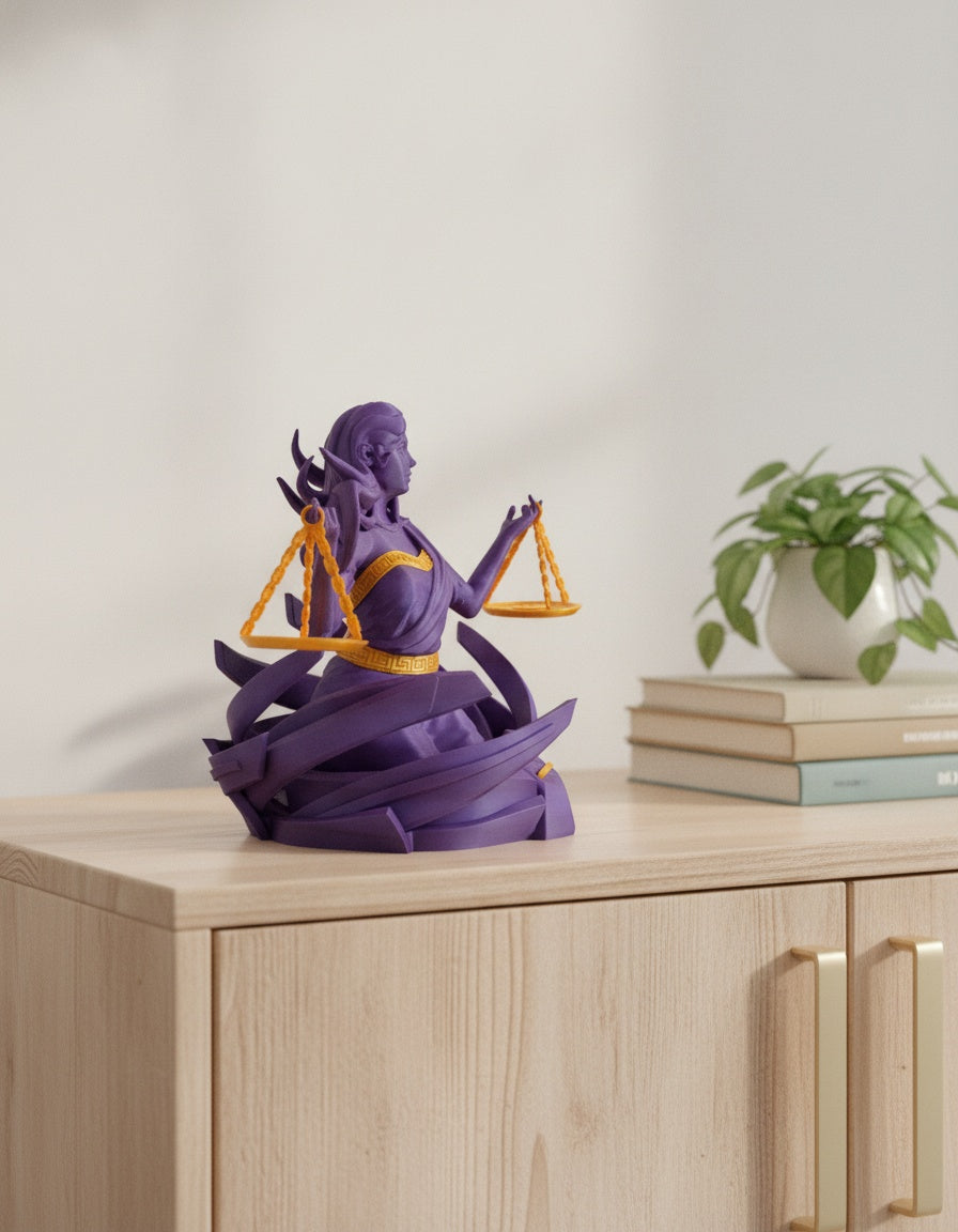 Lila Waage-Skulptur, Dreiviertelansicht von hinten mit Waagschale und wehendem Haar, auf hellem Holzsideboard vor weißer Wand, mit Bücherstapel und Grünpflanze im unscharfen Hintergrund
