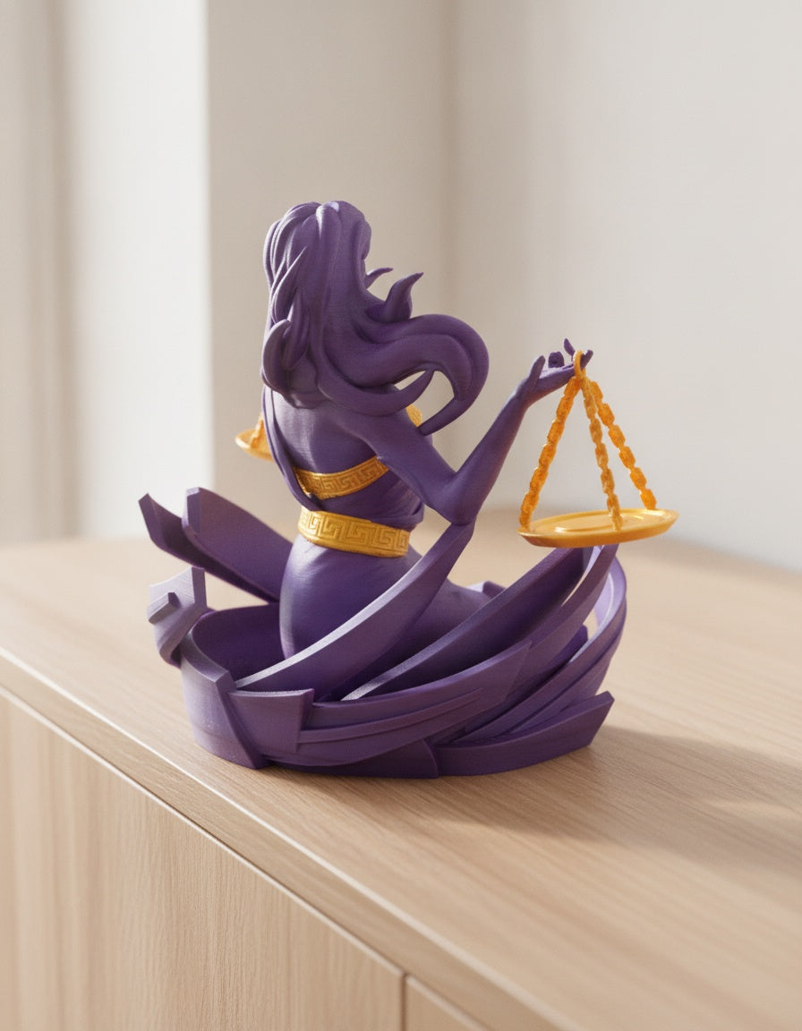 Lila Waage-Skulptur direkt von hinten mit beiden Waagschalen, auf hellem Holzsideboard mit unscharfem Hintergrund
