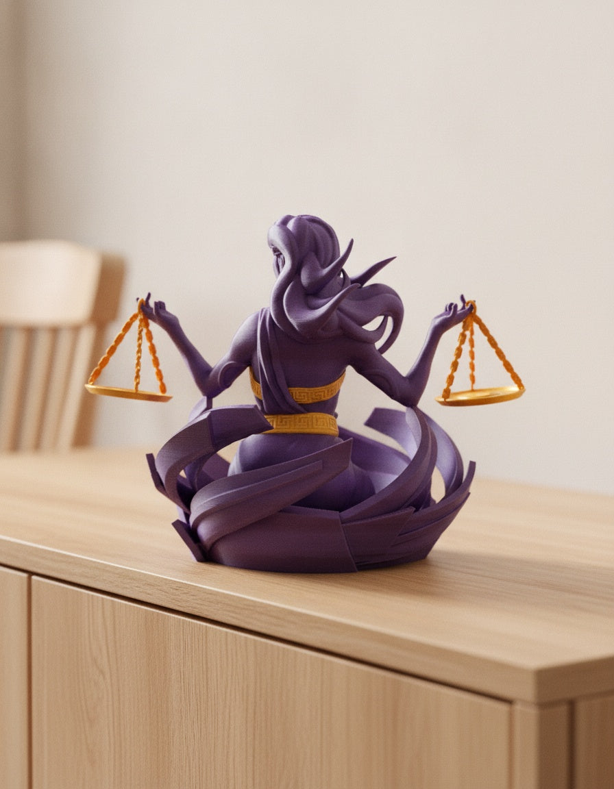 Lila Waage-Skulptur, seitliches Profil mit wehendem Haar und Waagschale, auf hellem Holzsideboard mit unscharfem Hintergrund