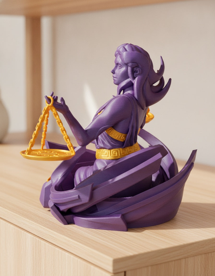 Lila Waage-Skulptur, leicht seitliche Vorderansicht mit Gesicht und beiden Waagschalen, auf hellem Holzsideboard mit unscharfem Hintergrund