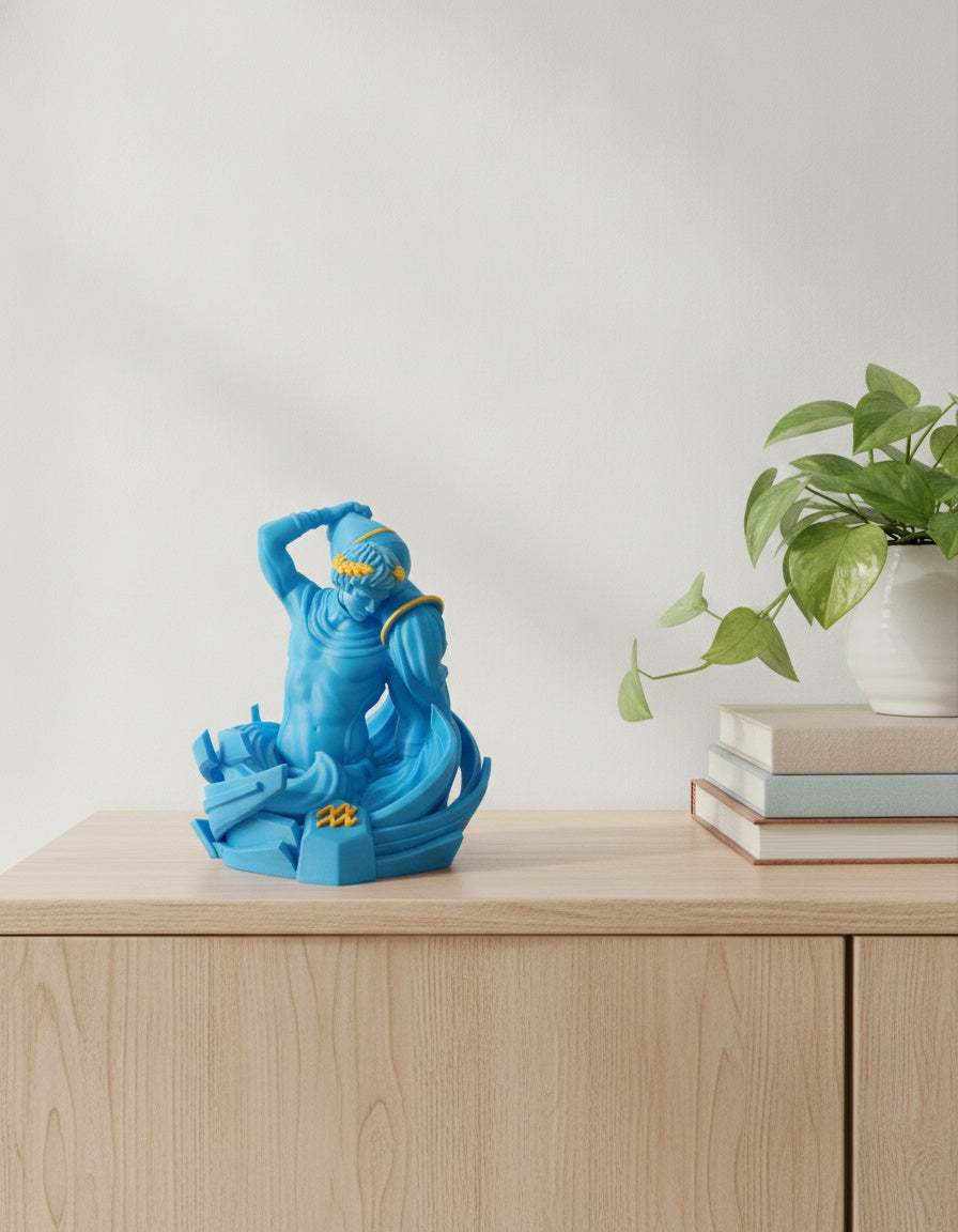 Blaue Wassermann-Sternzeichen-Skulptur mit erhobenem Arm und Wasserkrug, frontale Ansicht auf hellem Holzsideboard vor weißer Wand, mit Bücherstapel und Grünpflanze im unscharfen Hintergrund – Münch3D 3D-Druck