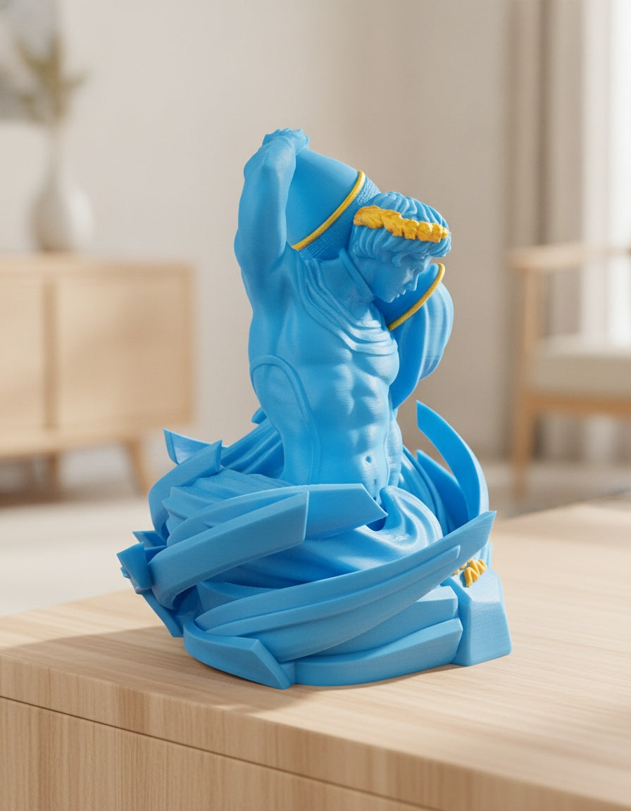 Blaue Wassermann-Skulptur, seitliche Ansicht mit fließendem Umhang und Wasserkrug, auf hellem Holzsideboard mit unscharfem Hintergrund