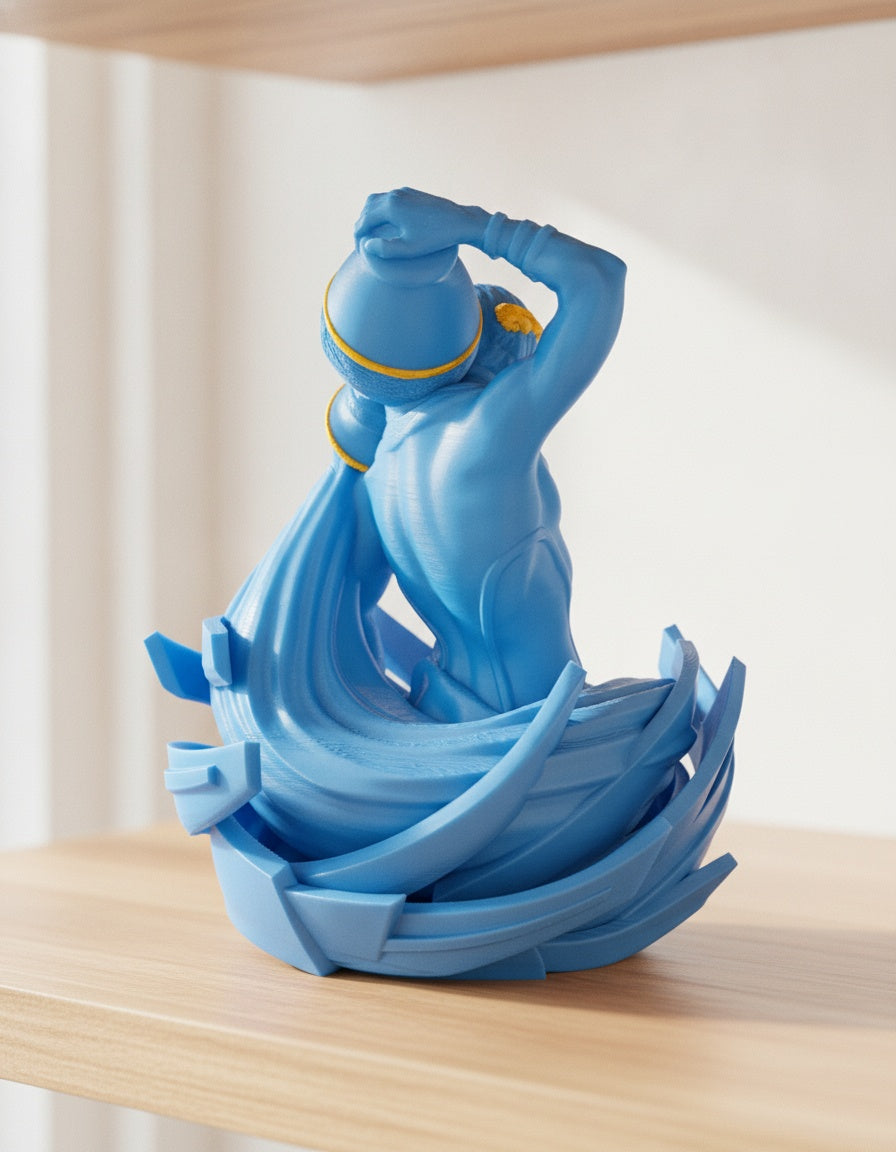 Blaue Wassermann-Skulptur von hinten mit Wasserkrug und Lorbeerkranz, auf hellem Holzsideboard mit unscharfem Hintergrund