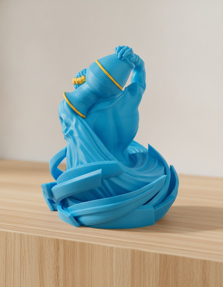 Blaue Wassermann-Skulptur, schräge Rückansicht mit fließendem Umhang, auf hellem Holzsideboard mit unscharfem Hintergrund
