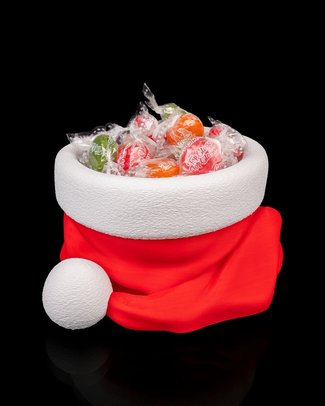 Weihnachtsmann Mütze Schale, gefüllt mit eingewickelten Bonbons, rot-weiß mit Bommel, 13 cm – Münch3D