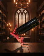 Schlangenmensch-Weinflaschenhalter in Rot vor Weinregal mit Kerzenlicht, akrobatische Pose mit Weinflasche – Münch3D