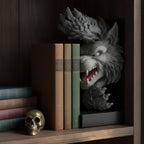 Graue Werwolf-Buchstütze zwischen Büchern und einer kleinen Messing-Totenkopf-Deko in einer dunklen Regal-Ecke, Klauen greifen nach den Buchrücken