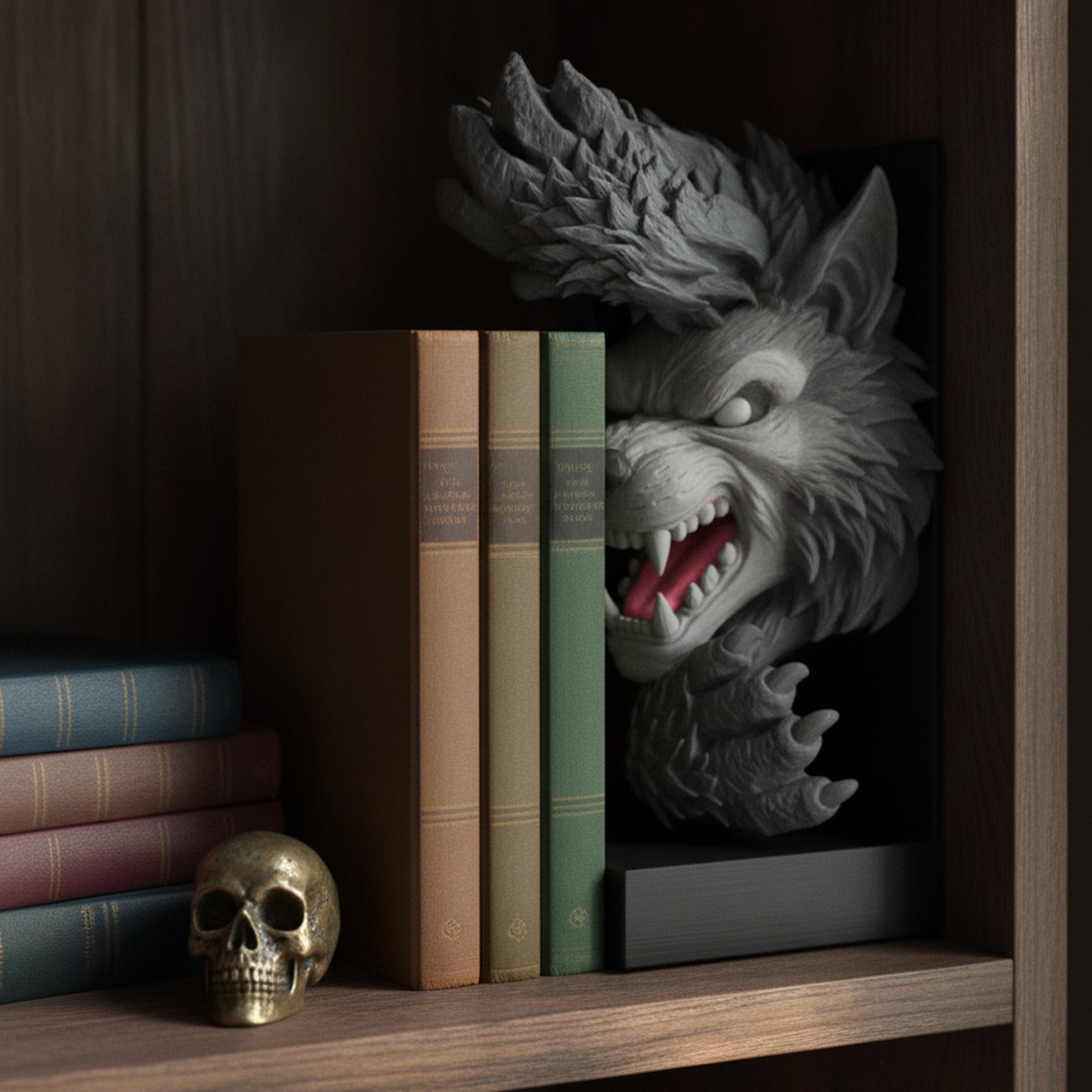 Graue Werwolf-Buchstütze zwischen Büchern und einer kleinen Messing-Totenkopf-Deko in einer dunklen Regal-Ecke, Klauen greifen nach den Buchrücken