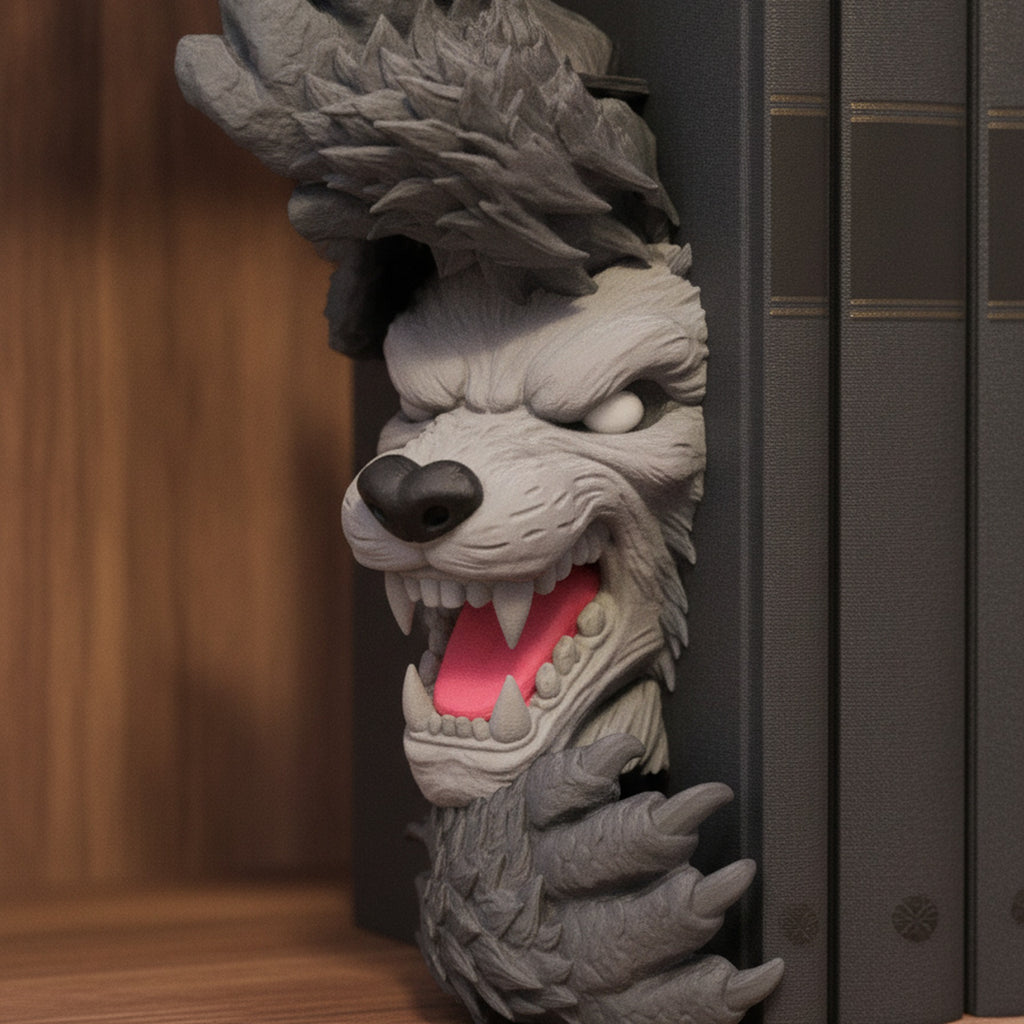 Nahaufnahme der Werwolf-Buchstütze: knurrendes Maul mit weißen Zähnen und roter Zunge, sichtbare 3D-Druck-Oberflächenstruktur, im Bücherregal