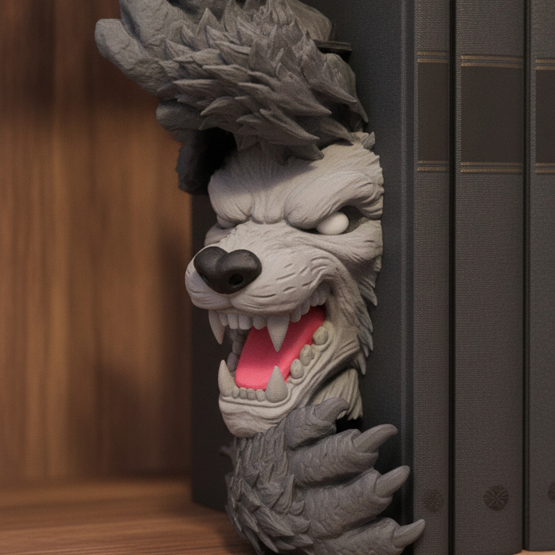 Nahaufnahme der Werwolf-Buchstütze: knurrendes Maul mit weißen Zähnen und roter Zunge, sichtbare 3D-Druck-Oberflächenstruktur, im Bücherregal