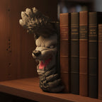 Werwolf-Buchstütze aus grauem 3D-Druck mit knurrendem Maul und ausgestreckten Klauen, die zwischen dunklen ledergebundenen Büchern auf einem Holzregal hervorbricht
