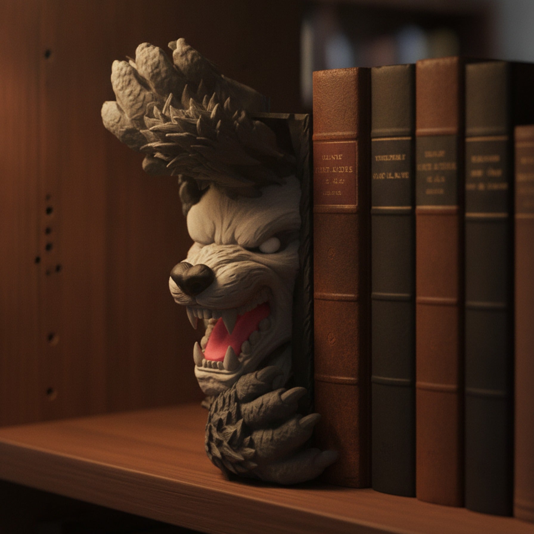 Werwolf-Buchstütze aus grauem 3D-Druck mit knurrendem Maul und ausgestreckten Klauen, die zwischen dunklen ledergebundenen Büchern auf einem Holzregal hervorbricht