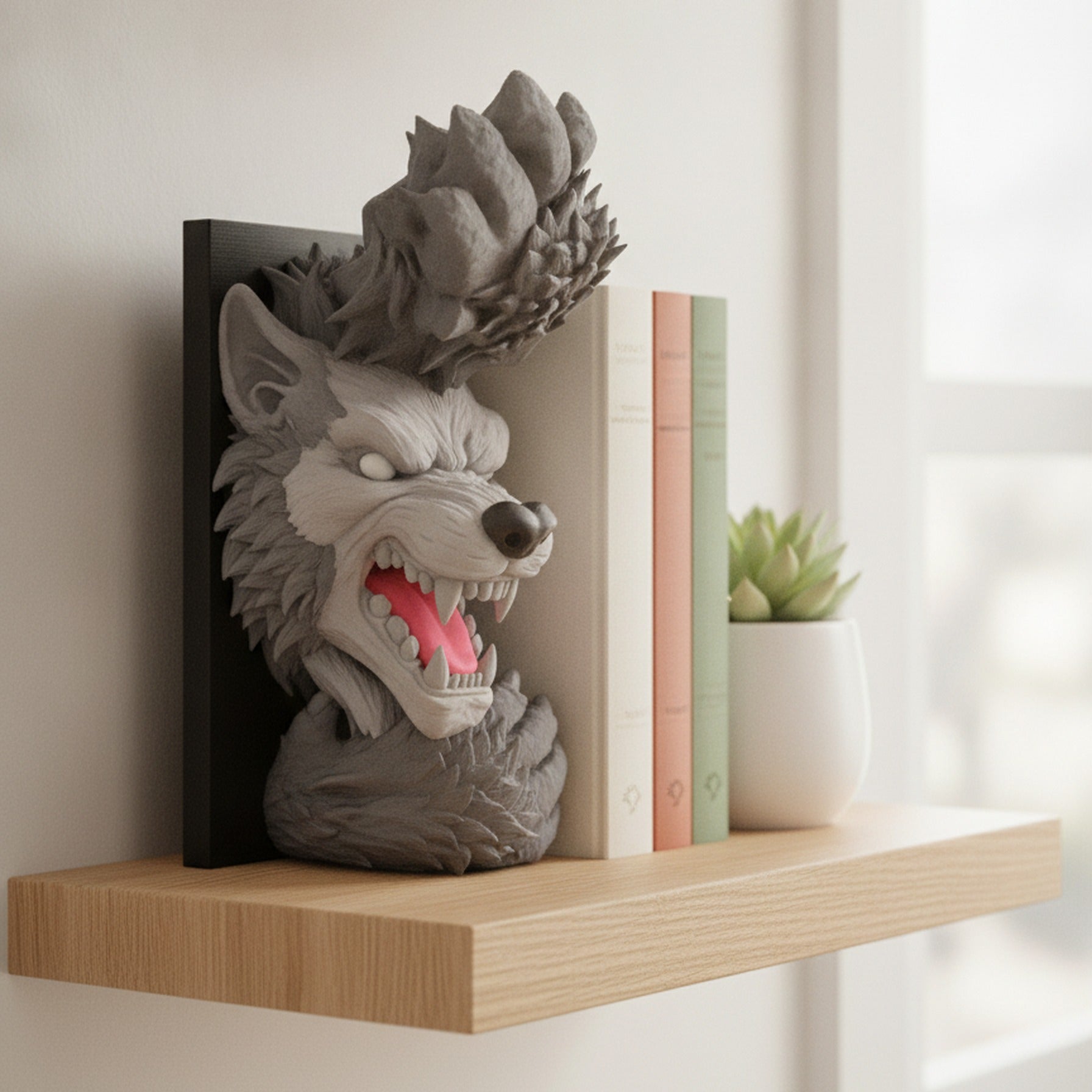 Graue Werwolf-Buchstütze auf hellem Eichenregal zwischen pastellfarbenen Büchern und einer kleinen Sukkulente, moderner heller Wohnraum
