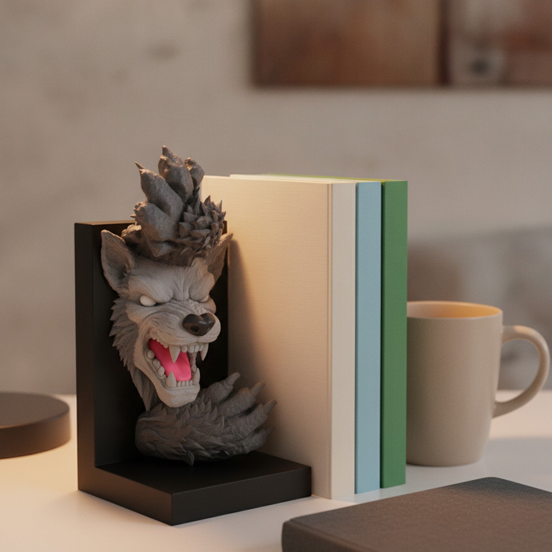 Werwolf-Buchstütze hält eine kleine Bücherreihe neben Notizbuch und Tasse auf einem Schreibtisch aufrecht, im Hintergrund unscharfes Homeoffice