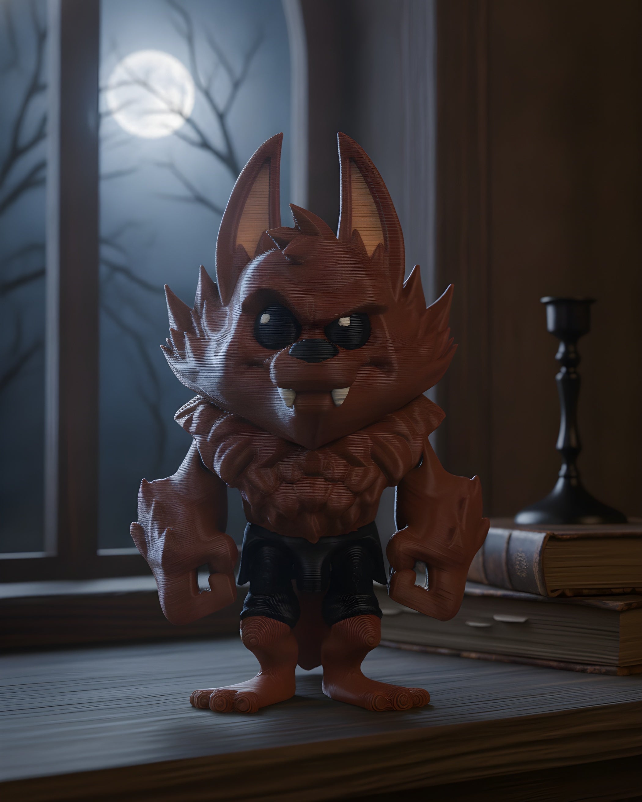 Rückansicht des Werwolf-Schlüsselanhängers mit spitzen Ohren und muskulösem Rücken, auf einem mondbeschienenen Fensterbrett neben alten Büchern.