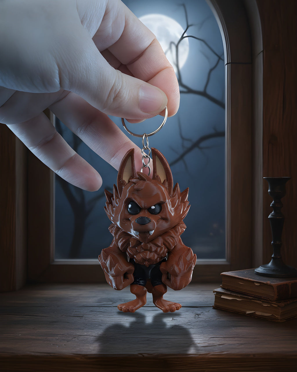 Hand hält den Werwolf-Schlüsselanhänger am Metallring vor einem mondbeschienenen Fenster, zeigt die tatsächliche Größe der Chibi-Figur.