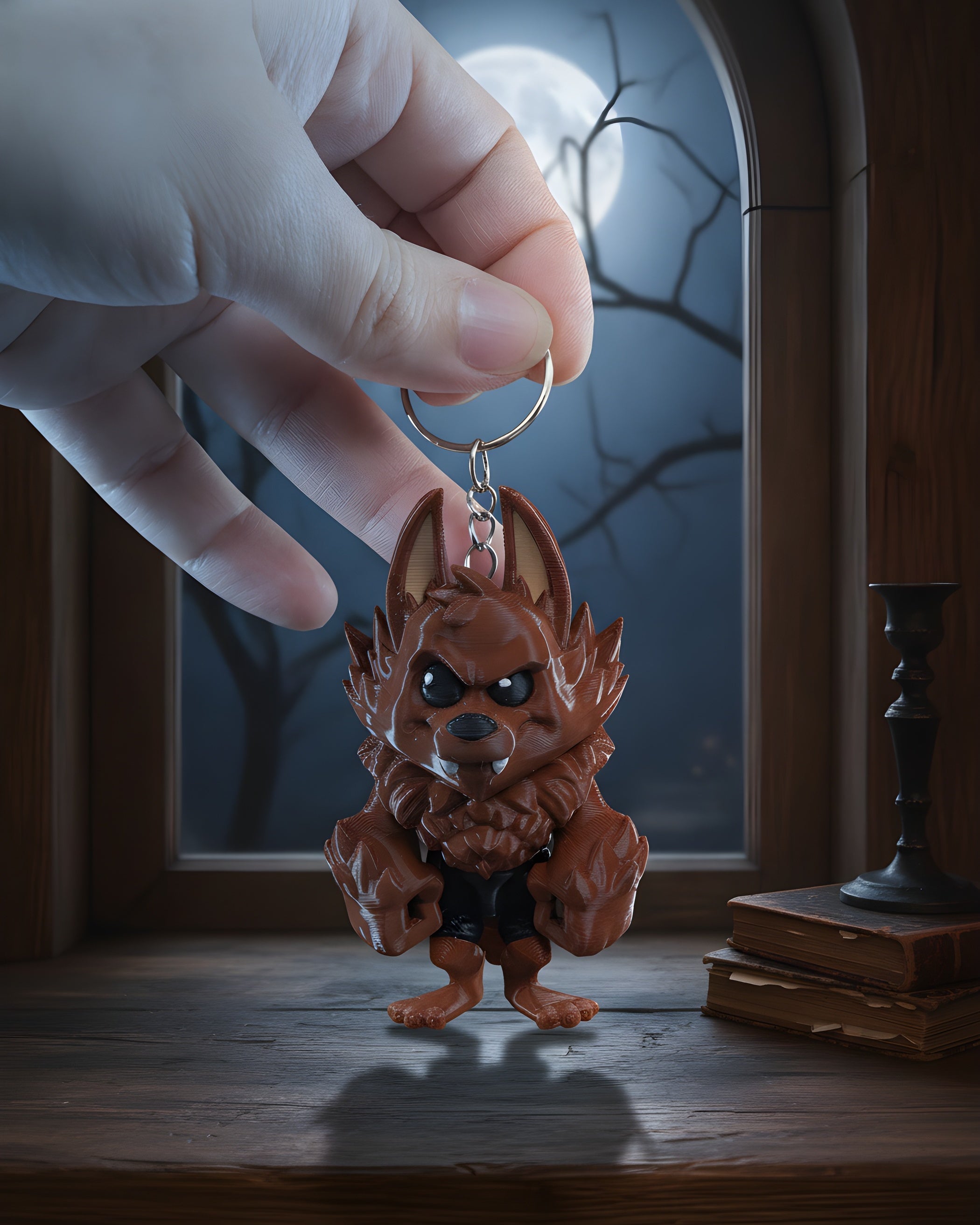 Hand hält den Werwolf-Schlüsselanhänger am Metallring vor einem mondbeschienenen Fenster, zeigt die tatsächliche Größe der Chibi-Figur.