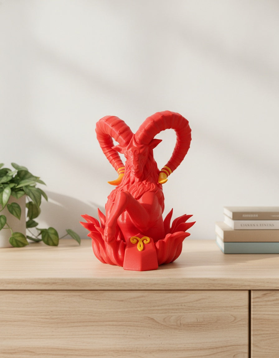 Rote Widder-Sternzeichen-Skulptur mit herzförmigen Hörnern und Flammenbasis, frontale Ansicht auf hellem Holzsideboard vor weißer Wand, mit Bücherstapel und Grünpflanze im unscharfen Hintergrund – Münch3D 3D-Druck
