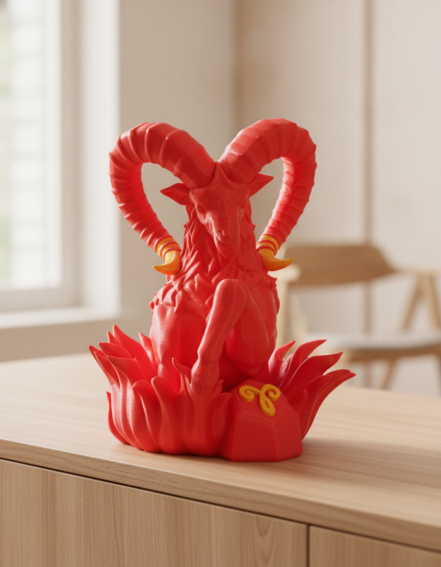 Rote Widder-Skulptur, Dreiviertelansicht seitlich mit gesenktem Kopf und goldenen Hornringen, auf hellem Holzsideboard mit unscharfem Hintergrund