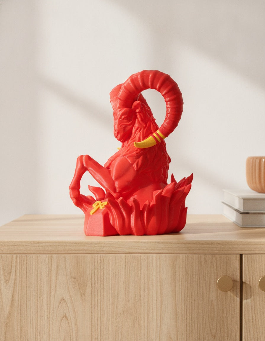 Rote Widder-Skulptur, seitliche Ansicht mit erhobenem Vorderbein auf der Flammenbasis, auf hellem Holzsideboard mit unscharfem Hintergrund