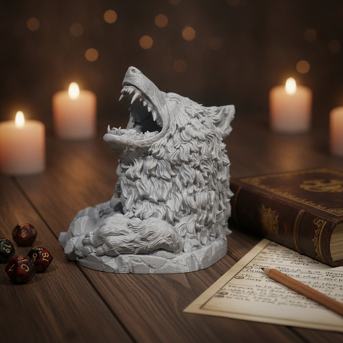Wolfskopf Würfelturm, Frontalansicht mit aufgerissenem Maul, auf Spieltisch mit Würfeln, Regelbuch und Kerzenlicht im Hintergrund – Münch3D