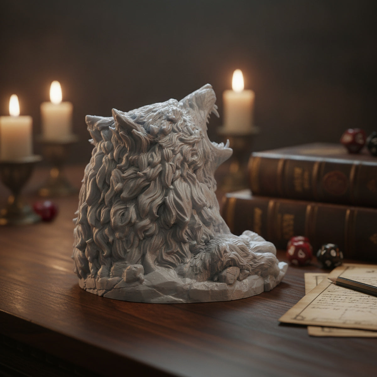 Wolfskopf Würfelturm, Seitenansicht mit aufgestellten Ohren, auf Spieltisch mit Büchern, Würfeln und Kerzenlicht – Münch3D