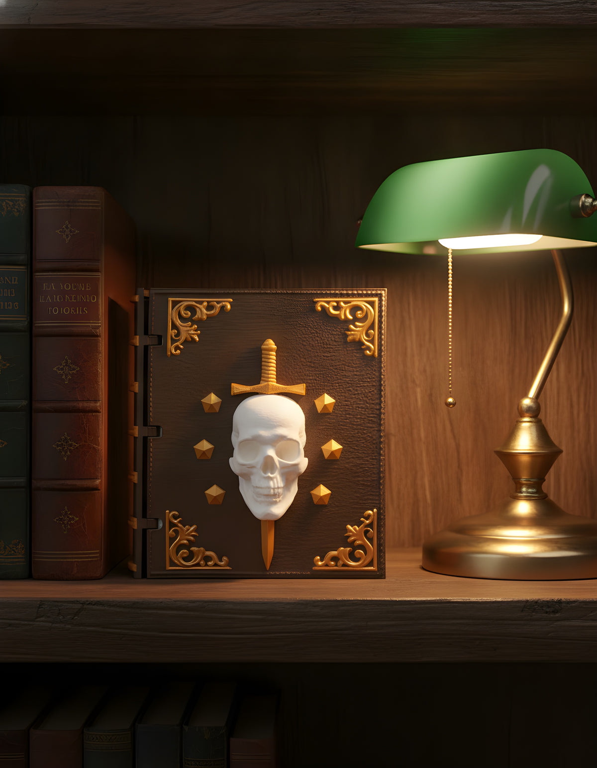 Würfelbox in Buchform geschlossen, braunes Lederdesign mit Totenschädel-Relief, aufrecht auf dunklem Holz-Bücherregal zwischen alten Ledereinbänden, warmes Messinglampenlicht