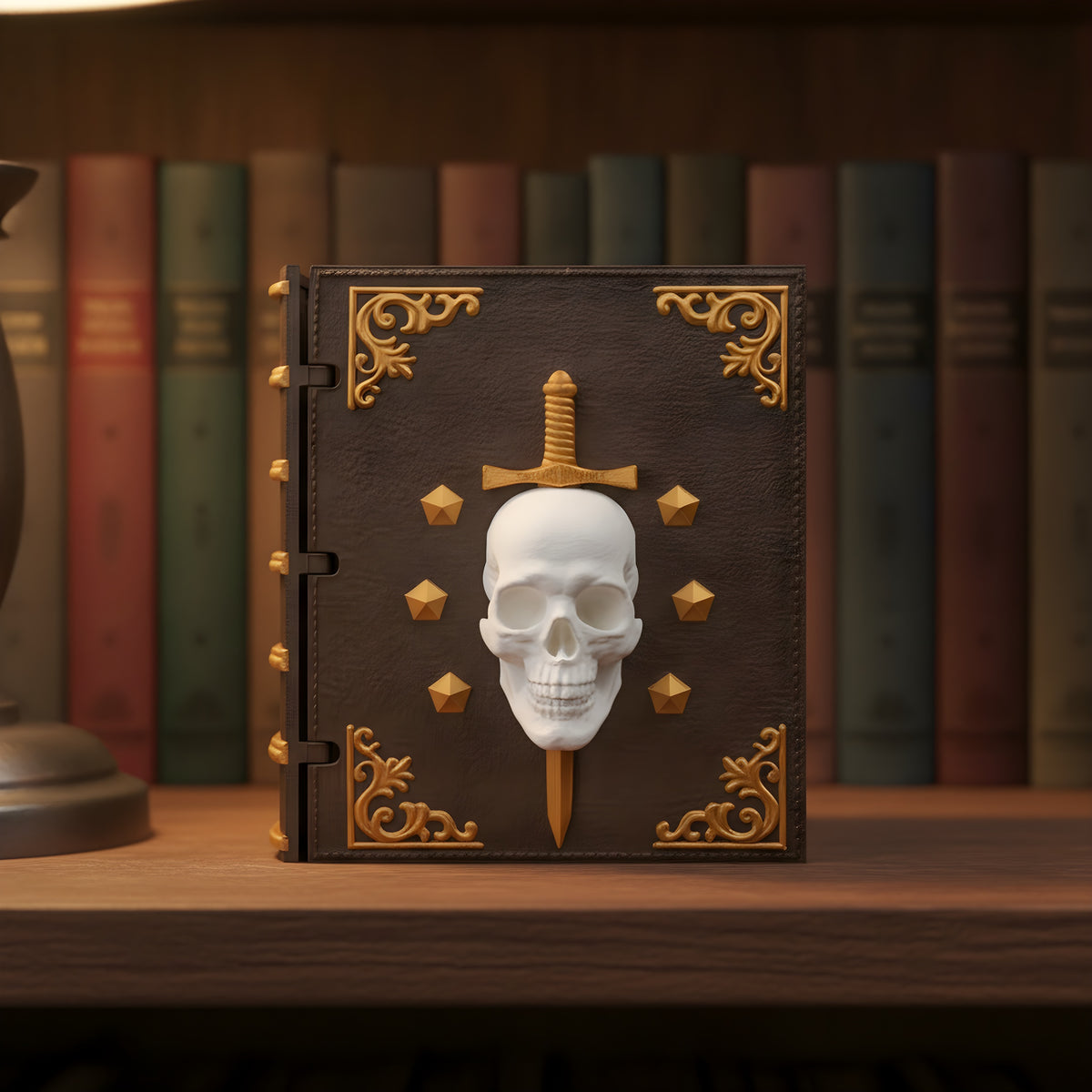 Würfelbox in Buchform geschlossen, braunes Lederdesign mit Totenschädel-Relief, auf echtem Bücherregal mit warmem Leselicht