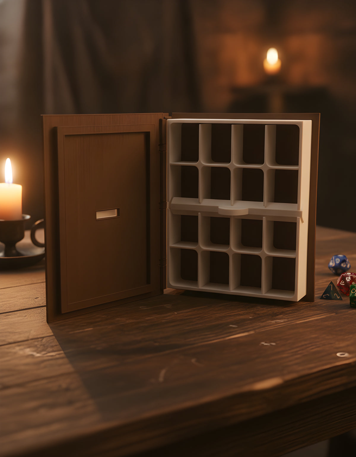 Würfelbox in Buchform geöffnet mit sichtbarem Fächer-Tray, auf rustikalem dunklem Holz-Spieltisch, bunte Polyeder-Würfel liegen daneben, warmes Kerzenlicht