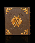 Würfelbox in Buchform, Rückseite mit goldenem Zierornament und verzierten Eckbeschlägen auf braunem Ledercover, kein Totenschädel oder Dolch sichtbar, vor schwarzem Hintergrund