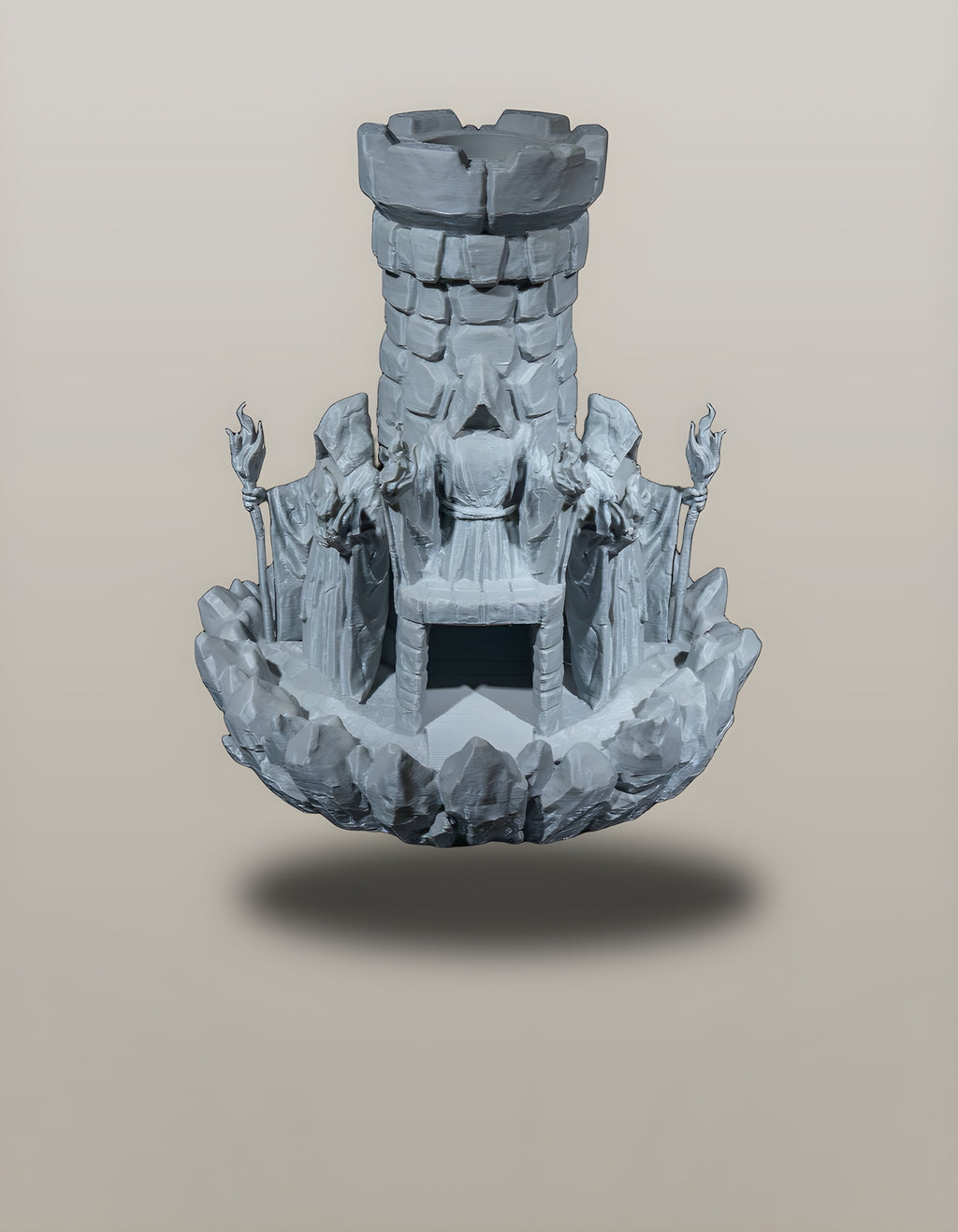 Würfelturm Zauberer freigestellt, Frontalansicht mit dunkler Einwurföffnung im Sockel – Münch3D
