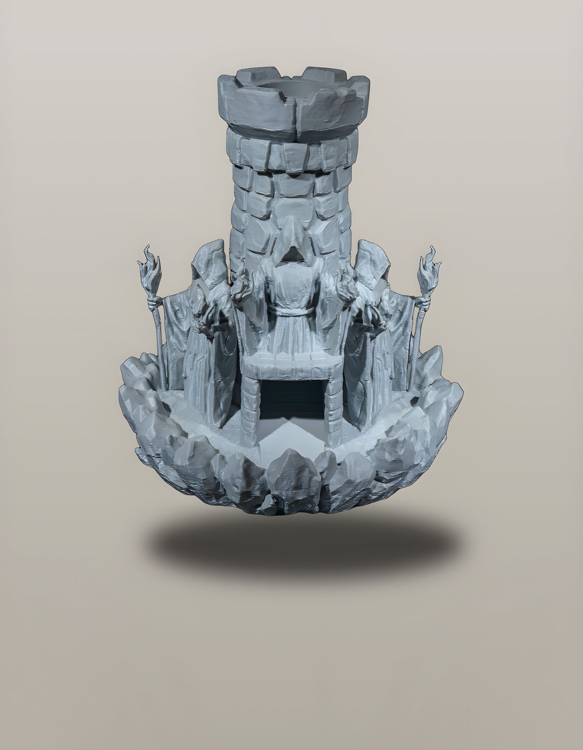 Würfelturm Zauberer freigestellt, Frontalansicht mit dunkler Einwurföffnung im Sockel – Münch3D