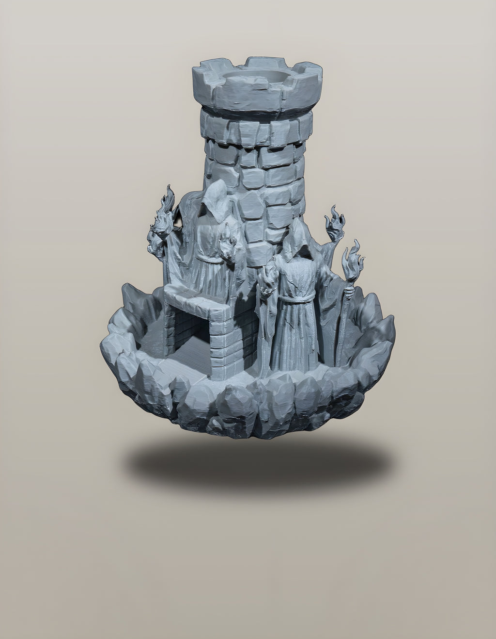 Würfelturm Zauberer freigestellt, Nahansicht der Zaubererfiguren am Steinturm – Münch3D