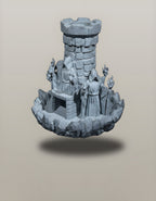 Würfelturm Zauberer freigestellt, Nahansicht der Zaubererfiguren am Steinturm – Münch3D