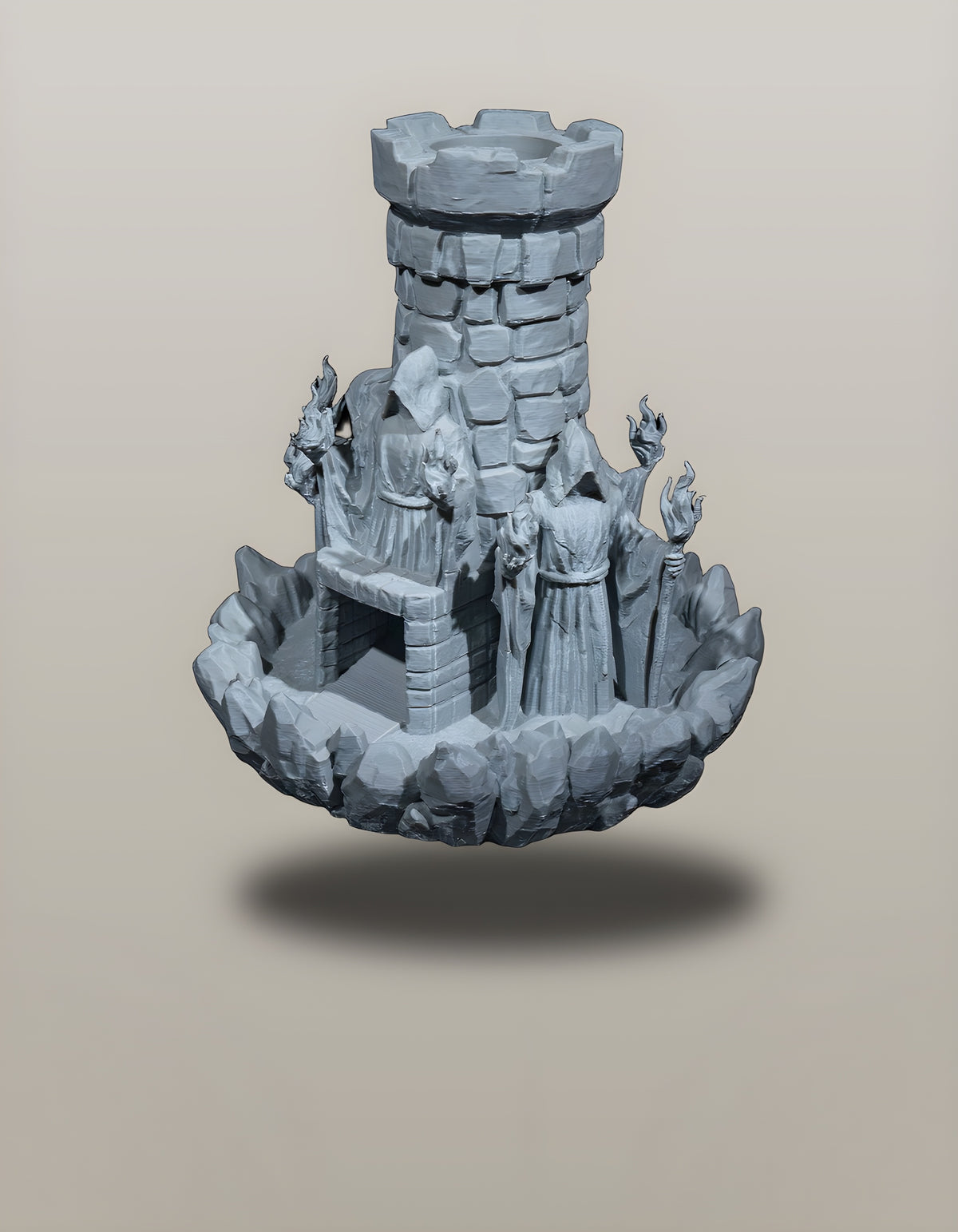 Würfelturm Zauberer freigestellt, Nahansicht der Zaubererfiguren am Steinturm – Münch3D