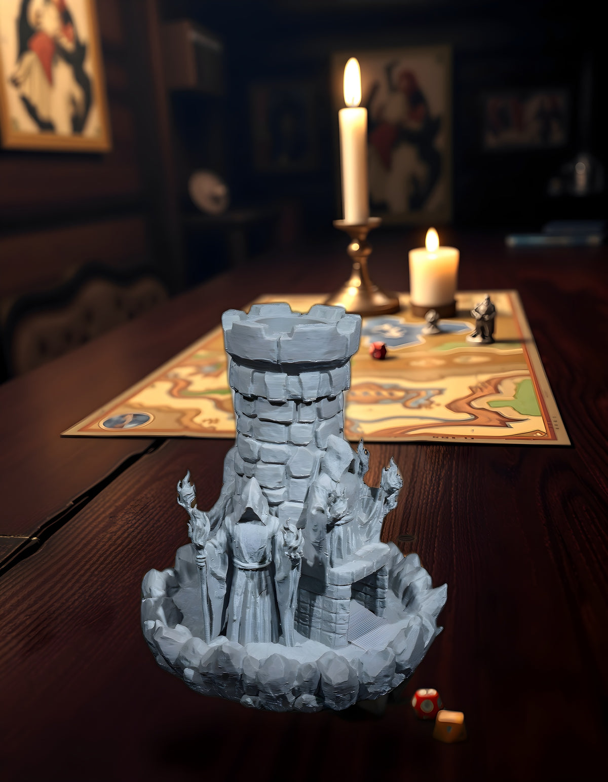 Würfelturm Zauberer auf Spieltisch, symmetrische Frontalansicht mit erhobenen Fackeln – Münch3D