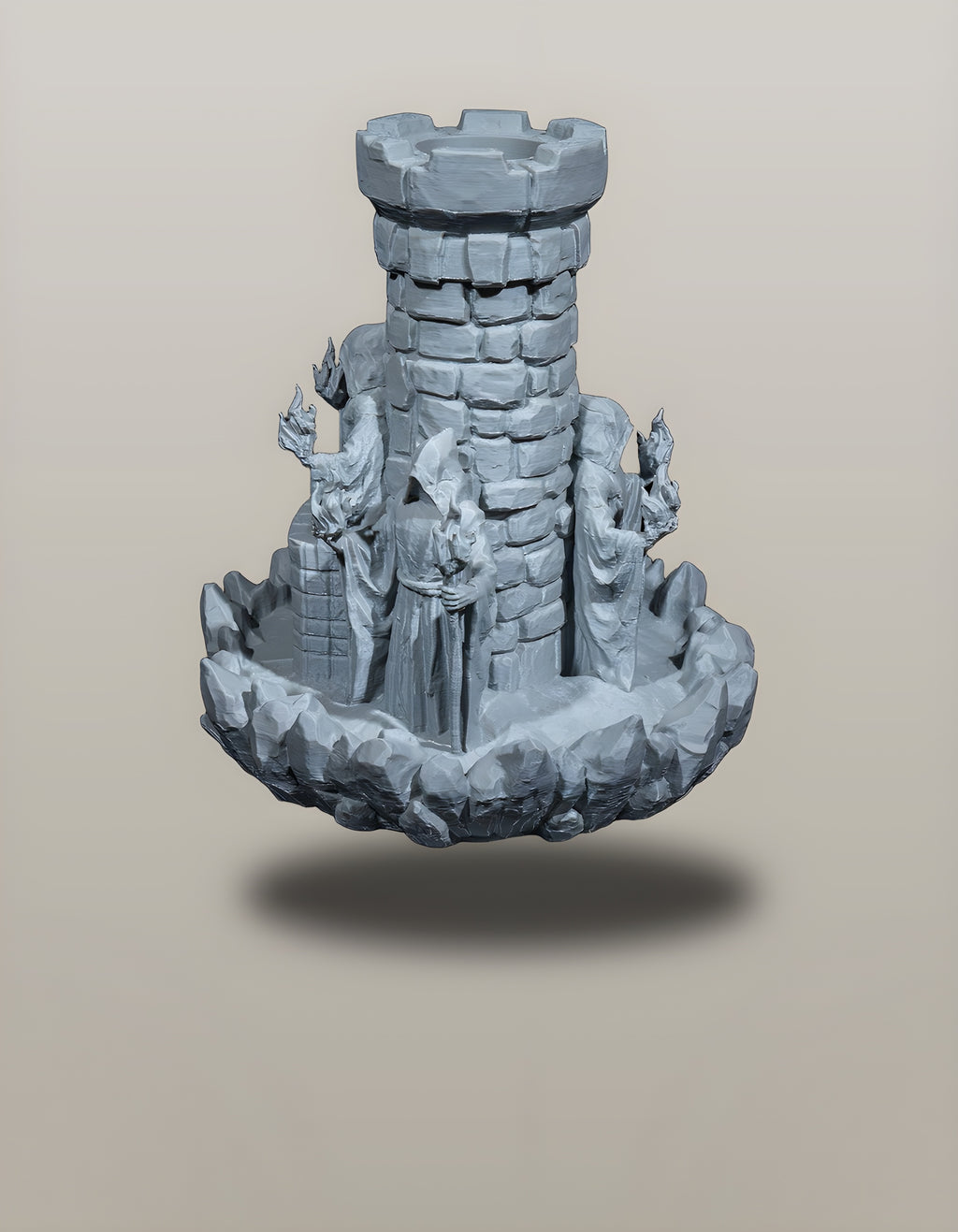 Würfelturm Zauberer freigestellt, Ansicht mit sichtbarer Öffnung im Sockel – Münch3D