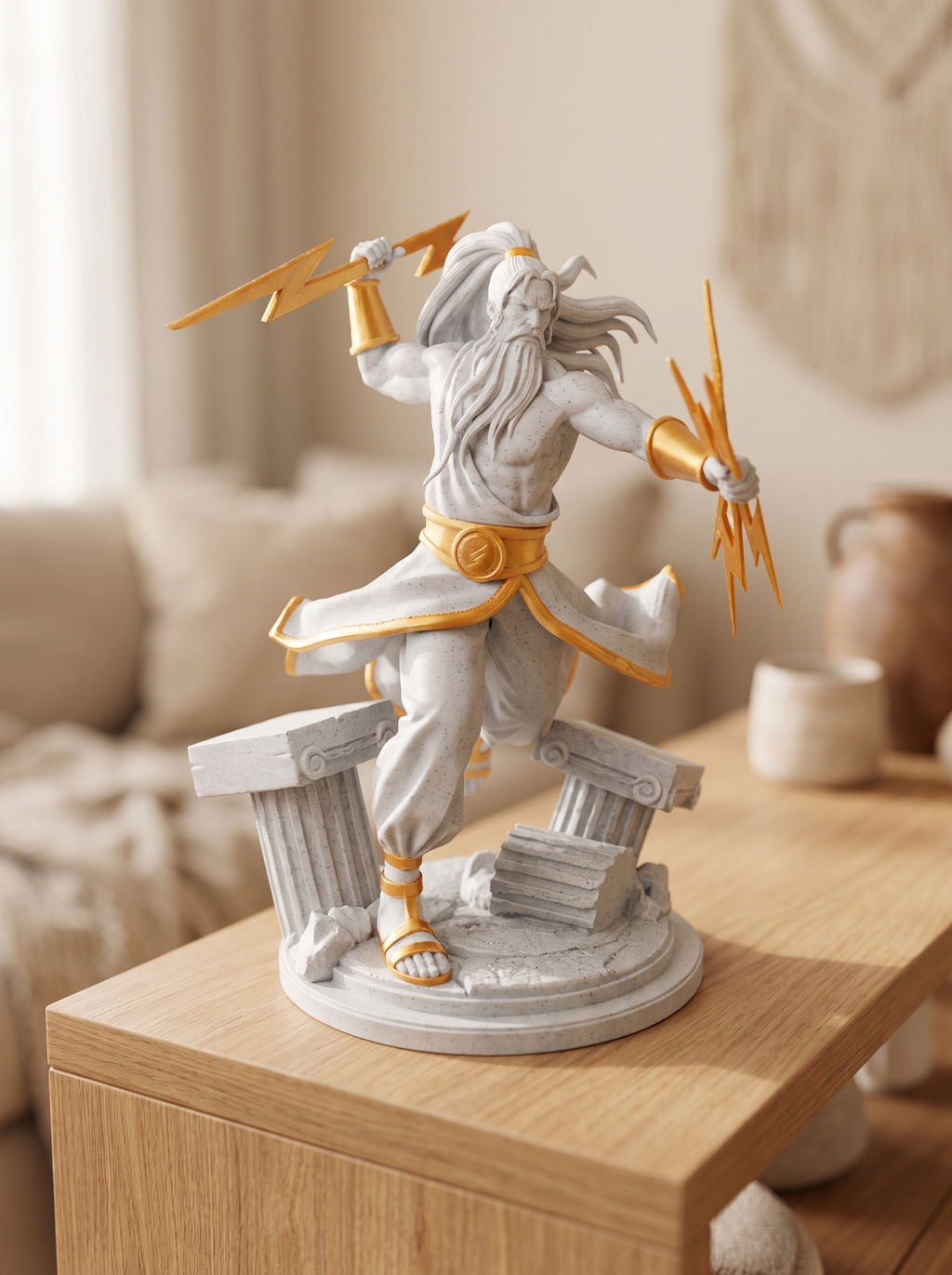 Zeus Figur Frontalansicht mit sichtbarem Gesicht, ein Arm mit Blitz erhoben, andere Hand hält Bündel kleinerer Blitze, auf Holzkommode mit Sofa und Tonkrug im Hintergrund