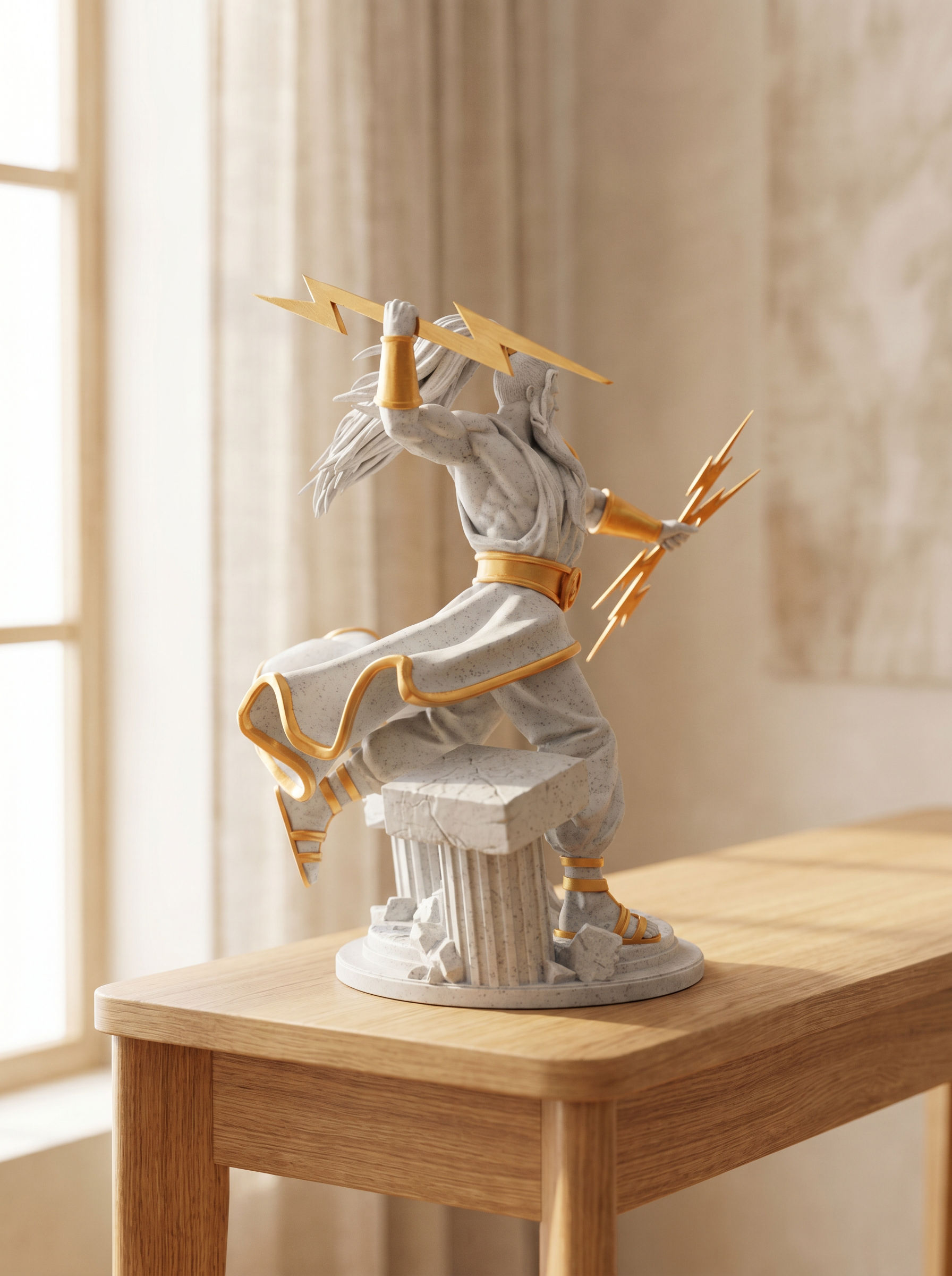 Zeus Statue auf einzelnem Säulenstumpf, Rückansicht mit erhobenem Blitz und Blitzbündel in der anderen Hand, auf Beistelltisch am Fenster