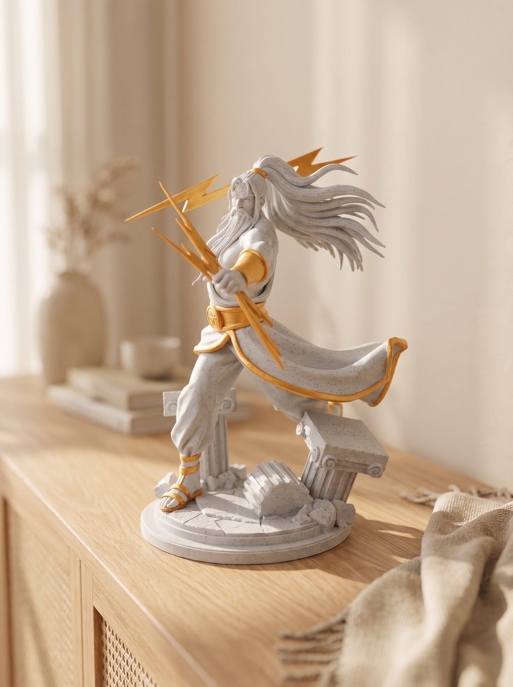 Zeus-Statue Marmor-Optik mit Gold, seitliche Ansicht: Blitz mit beiden Händen wie ein Speer gehalten, auf zerbrochenem Säulensockel, auf Holzkommode mit Vase und Büchern im Hintergrund