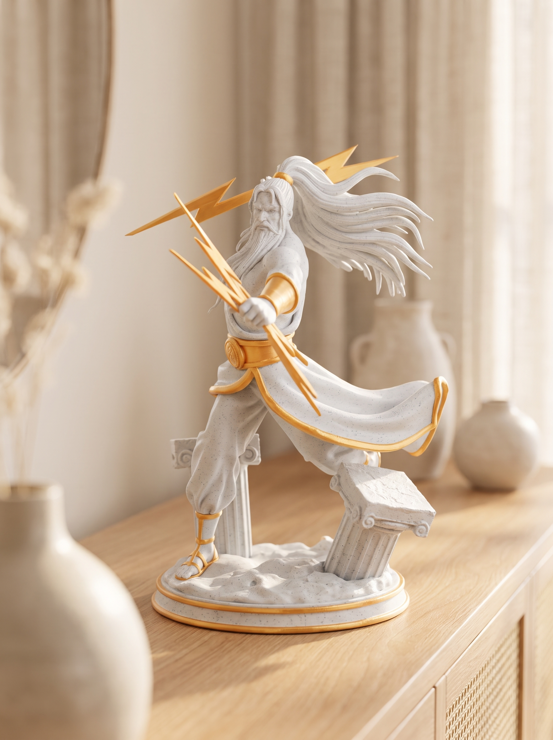 Zeus Figur mit Blitz, gleiche seitliche Pose wie im Hauptbild (Blitz beidhändig gehalten), auf Holzkommode zwischen mehreren Keramikvasen