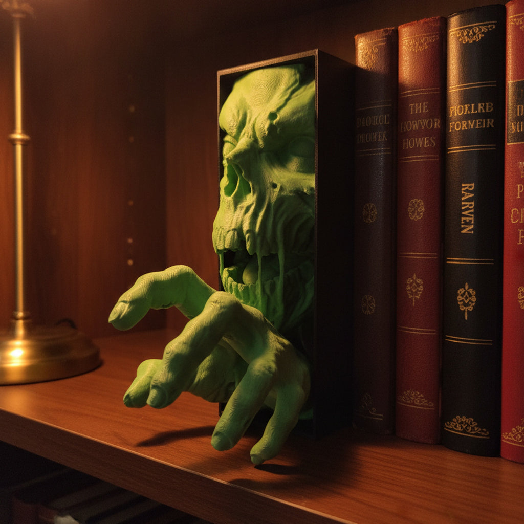 Grüne Zombie-Buchstütze mit Totenkopf und greifender Hand steht zwischen Horror-Büchern in einem warm beleuchteten dunklen Bücherregal